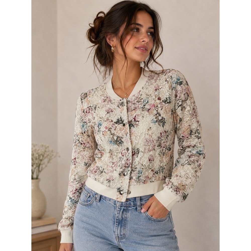 Nanette Lepore Ivory Floral Lace Bomber Jacket XL Pastel Snap Front Women UV12-2